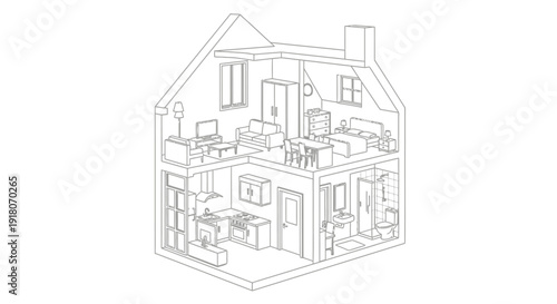 Detailed Line Art Isometric Cross-Section of a Two-Story House Interior with Furniture on an Isolated White Background
