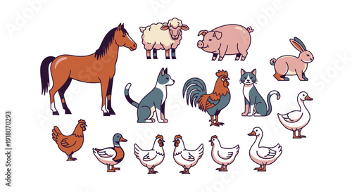 Collection of diverse farm and domestic animals in cartoon style