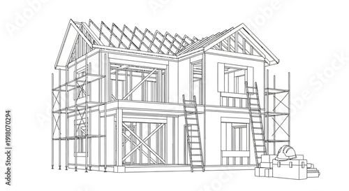 Detailed line art illustration of a house under construction with scaffolding and ladders, representing building and real estate development