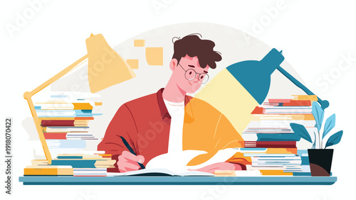 Young person diligently studying with stacks of books and desk lamps