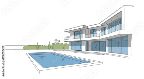 Modern luxury house with a swimming pool and elegant architecture, designed for a high-end lifestyle in a bright outdoor setting