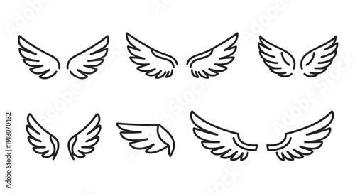 Set of various stylized wing outlines, a collection of different designs for symbolic representation on an isolated white background