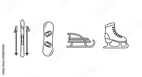 Set of winter sports equipment: skis, snowboard, sled, and ice skate icons in a line art style on an isolated white background