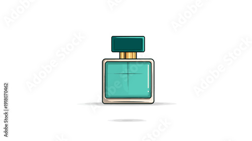 Illustration of a perfume bottle with a teal liquid and dark green cap with gold rim