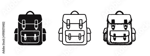 Set of travel backpack icons: solid, outline, and hand-drawn styles, suitable for hiking, adventure, and camping concepts.