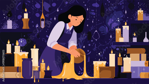 A person pours golden liquid amidst flickering candles and stacked books in a mystical setting