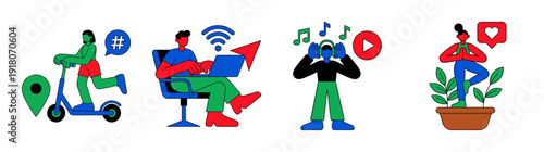 Flat Vector Modern Lifestyle and Digital Connectivity Character Element Kit for Millennial Wellness Themes