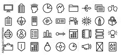 Business and data analytics line icon set. Vector pictograms of computer monitor, clipboard, lightbulb, bar chart, pie graph, folder, and brain, thick outline illustration.
