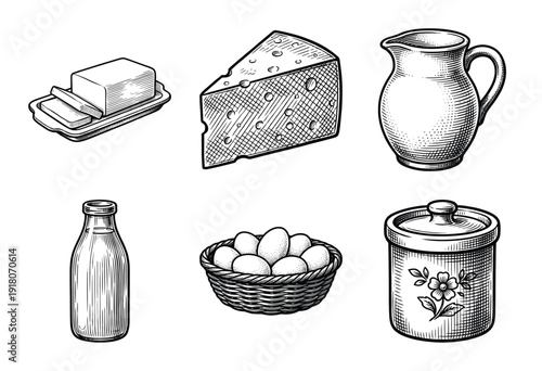 Vintage dairy and farm food illustration set featuring butter cheese milk eggs and ceramic pitcher in woodcut engraving style.