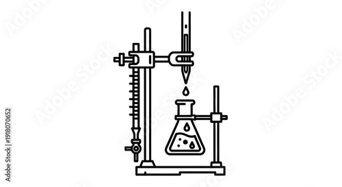 Chemistry Titration Setup with Burette, Clamp, and Erlenmeyer Flask Outline on Isolated White Background