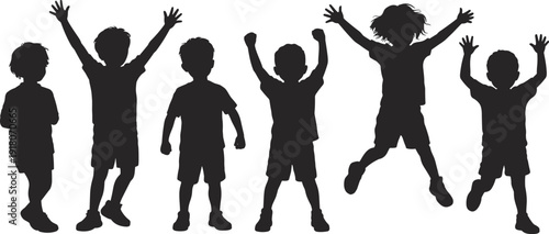 Silhouette illustration of children playing in energetic poses, showing joy, motion, and group activity for childhood themes, education, lifestyle, and creative design concepts