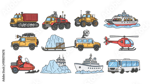 Diverse Fleet of Transportation: A collection of various vehicles and vessels, representing a comprehensive range of transportation methods. This image is ideal for illustrating movement, travel.