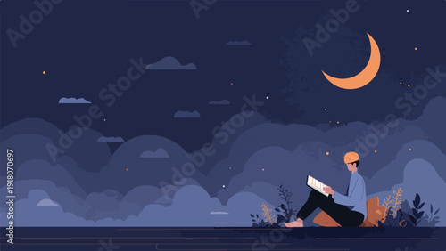 Serene night sky with crescent moon, a figure reads a book amidst gentle clouds