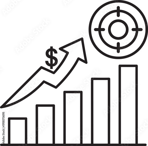 Black and white graph with upward arrow dollar sign and target symbol chart bar graph upward trend d