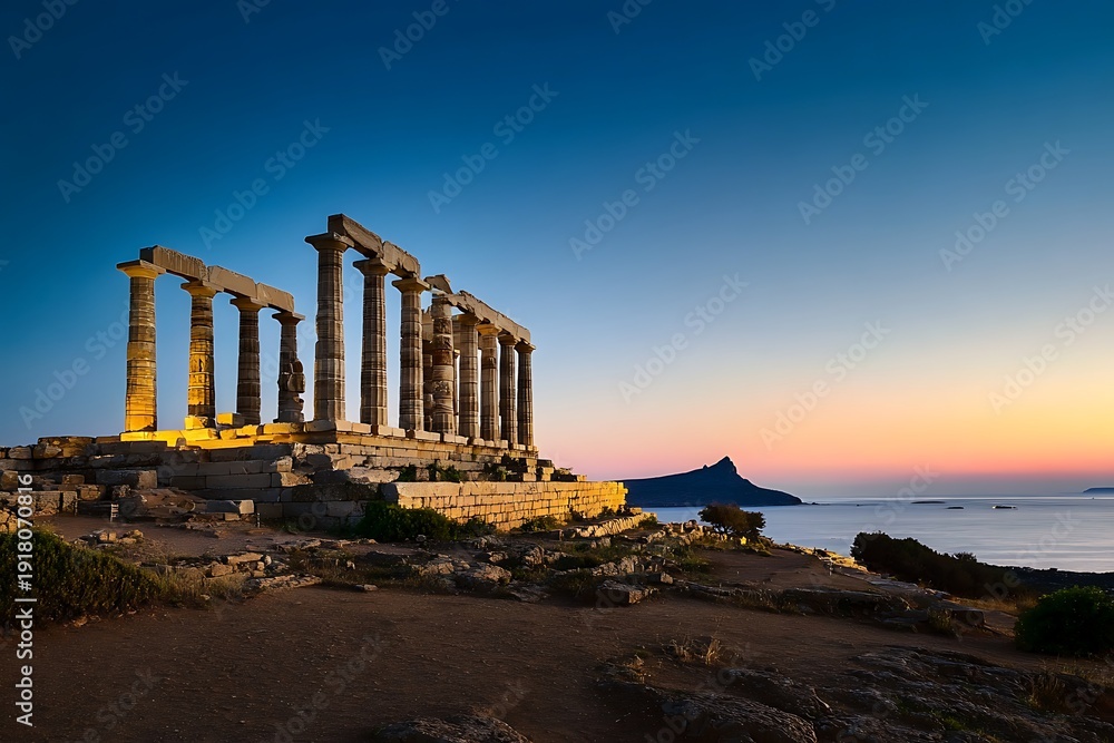 Obraz premium Greece. Cape Sounion - Ruins of an ancient Greek temple of Poseidon after sunset