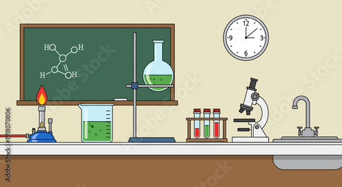 Science Classroom with a Microscope, Chemical Flask, and Blackboard Displaying Formulas, for Education and Learning