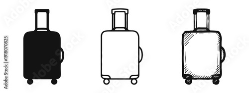 Collection of rolling suitcase luggage icons: solid, outline, and hand-drawn sketch, ideal for travel and airport themes.