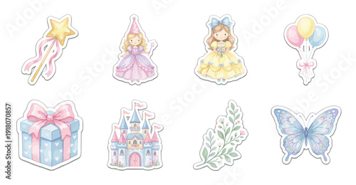 Cute Princess Theme Sticker Set, Pastel Fairy Tale Vector Illustrations