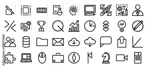 Business and data management line icon set. Vector pictograms of laptop, chart, cloud, database, folder, trophy, strategy, and mail, thick black outline illustration.