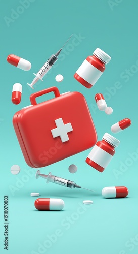 Red first aid kit with medical supplies floating around it on a teal background for health and emergency care concepts