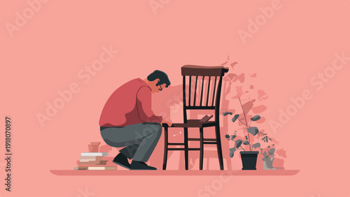 Man in red shirt and grey pants fixes a wooden chair next to books and plants