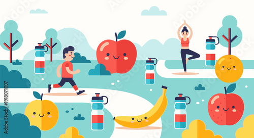 People engaging in yoga and running in a serene landscape surrounded by fruits and hydration bottles, viewed from above.