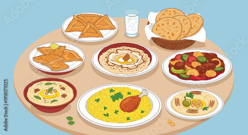 A Festive Feast of Middle Eastern Cuisine on a Wooden Table