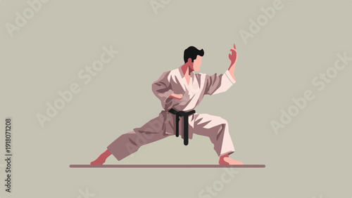 A person in a white karate gi with a black belt executes a low, wide stance