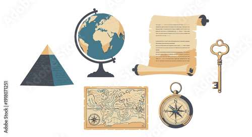 Collection of historic exploration and adventure objects on white background