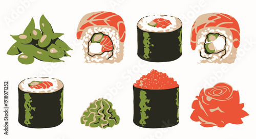 Collection of Japanese sushi rolls and traditional side dishes