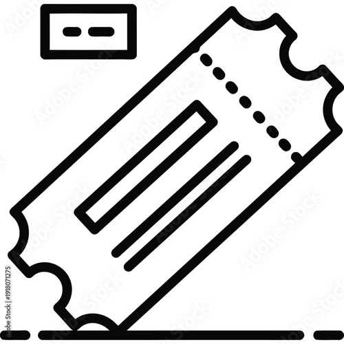 Black and white angled ticket icon with perforated edges and stub, symbol for event entry, pass, or coupon