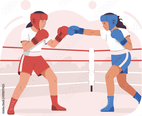 Boxing match illustration, two athletes in red and blue gear, competitive sports action scene, dynamic punch artwork, cad drawing flat vector illustration