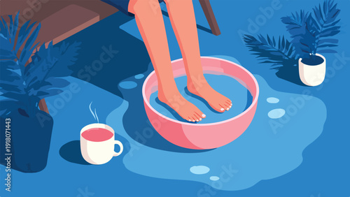 A person soaks feet in a pink basin with a hot drink nearby