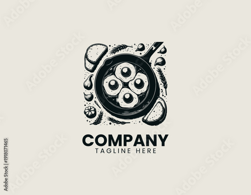 fried egg in a black pan with toast and garlic around it black vector logo illustration white background