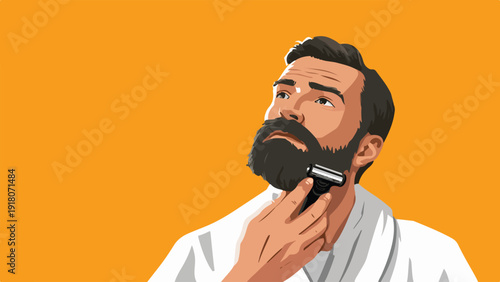 A man with a beard shaves his face with a razor while wearing a white robe