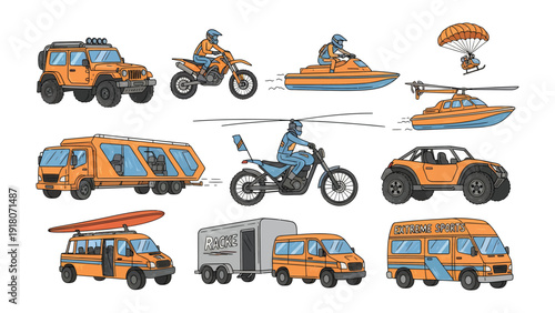 Vehicular Variety: A collection of various vehicles, including off-road cars, motorbikes, boats, bus, and airplane in a harmonious array, showcasing their versatility and functionality.