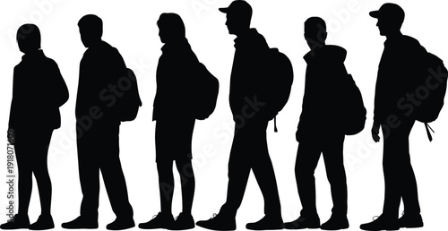 Silhouette illustration of people standing in line with backpacks, symbolizing students, travelers, or group identity for education, journey, lifestyle, and social behavior concepts