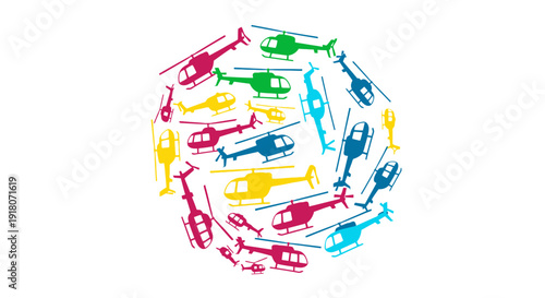 Colorful helicopter silhouettes in a circular pattern on white background