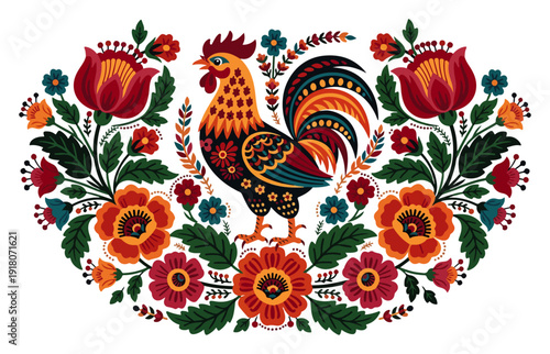 Beautiful colorful rooster illustration surrounded by elaborate floral folk art patterns
