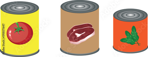 Print Canned Food Set Illustration – Tomato, Meat and Vegetable Cans Isolated on White