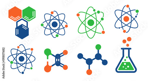 Colorful science and chemistry icons set on white background