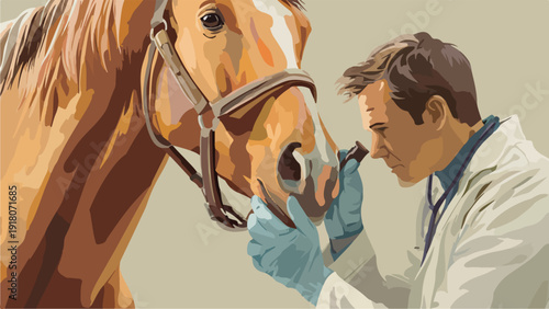 A veterinarian examines a horse's eye with a tool, wearing gloves and a lab coat