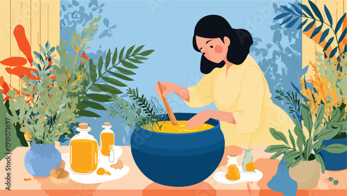 Woman in a yellow robe stirring a large blue pot filled with yellow liquid surrounded by plants and bottles