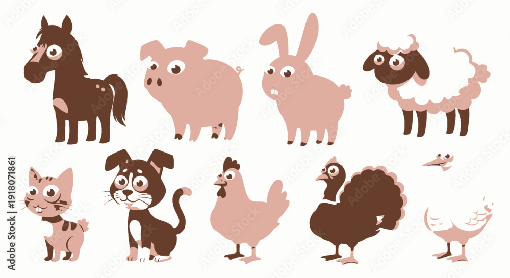 Fototapeta premium Cute cartoon farm animals and pets set on white