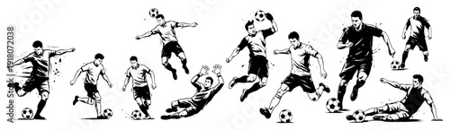 Group of professional soccer players in dynamic action poses including kicking and jumping and diving