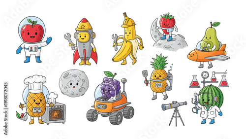 Fruit Characters' Extravaganza: Whimsical illustrations depict a vibrant ensemble of anthropomorphic fruits engaging in various activities, ranging from culinary arts to space exploration.