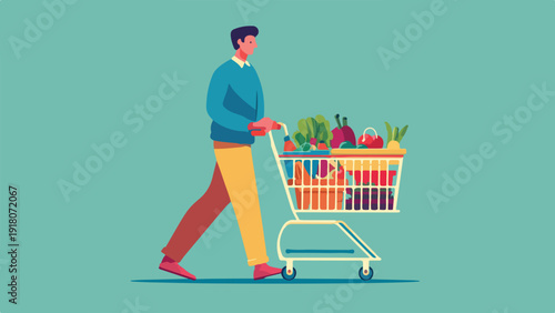 Man pushing a full grocery cart of colorful fruits and vegetables