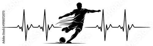 Soccer player silhouette kicking a ball with pulse line heartbeat rhythm concept