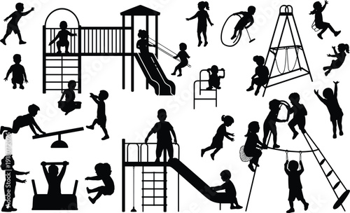 Children playground silhouettes set, kids playing park equipment, swings slides climbing activities, childhood fun vector illustration black silhouette collection isolated