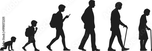 Silhouette illustration showing stages of human life from infancy to old age, depicting growth, aging, and generational progression for education, healthcare, and demographic concepts